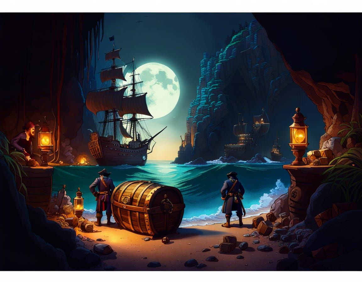 Moonlit Pirate Cove in Detailed Fantasy Art Style