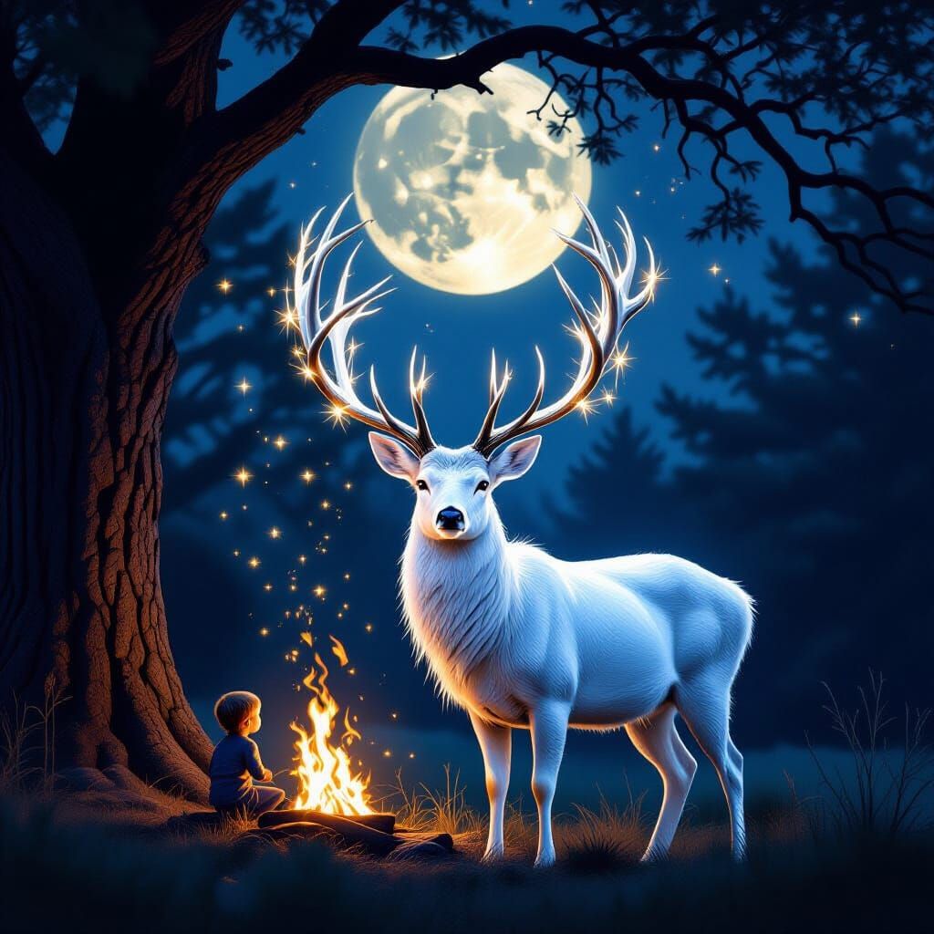 Mystical White Deer Under Full Moon in Shimmering Light