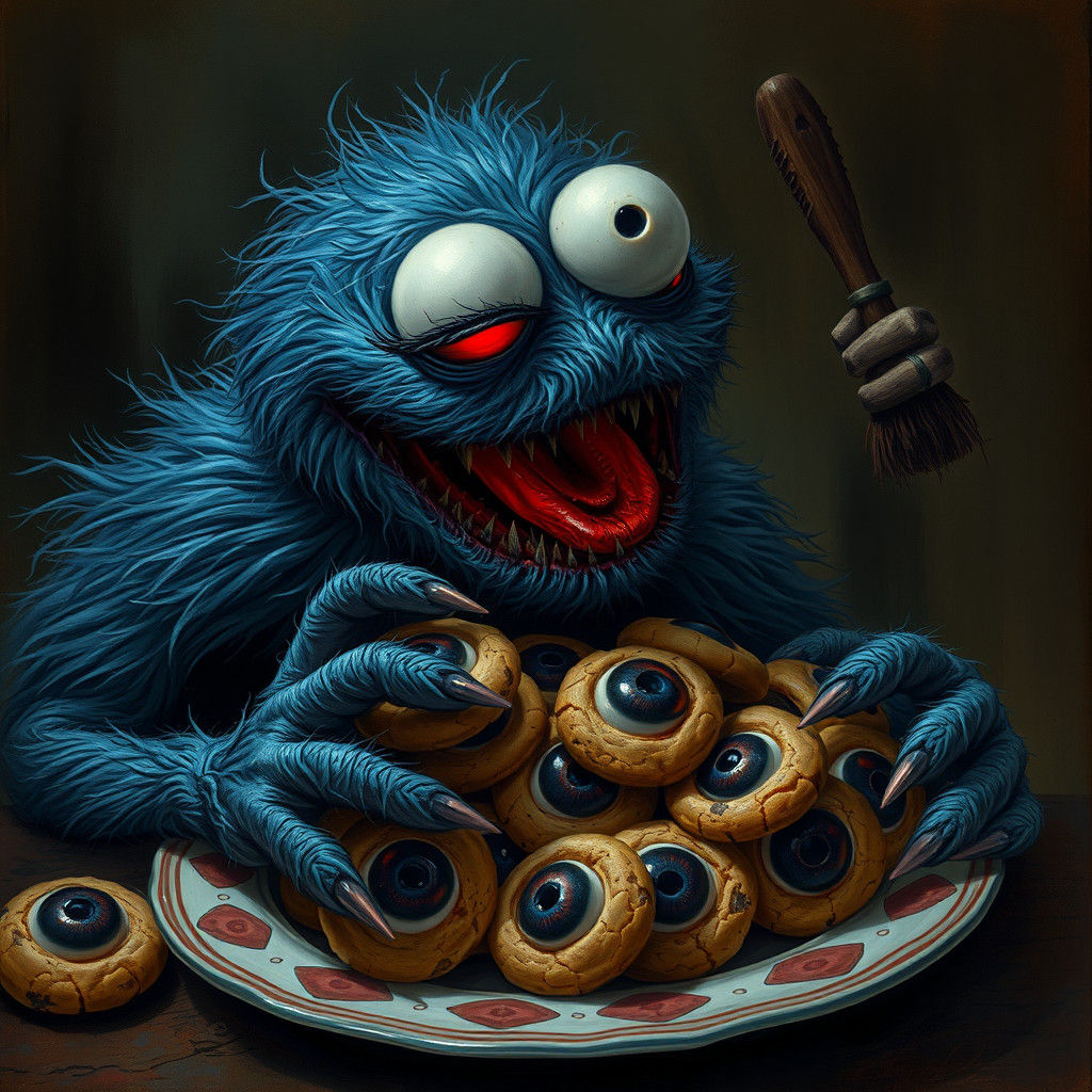 Grotesque Cookie Monster Devours Cookies with Human Eyeballs
