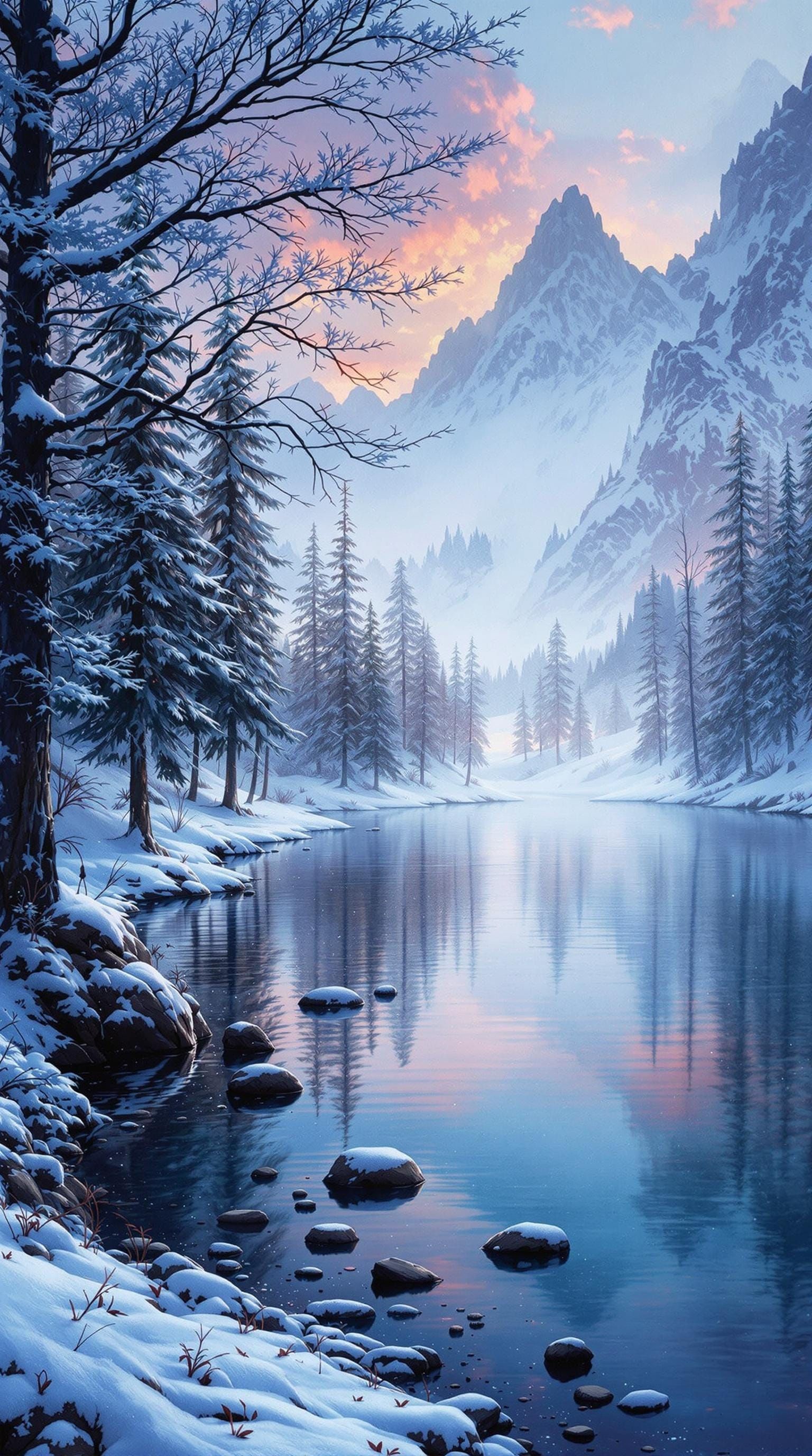 Surreal Winter Lake with Ethereal Splendor