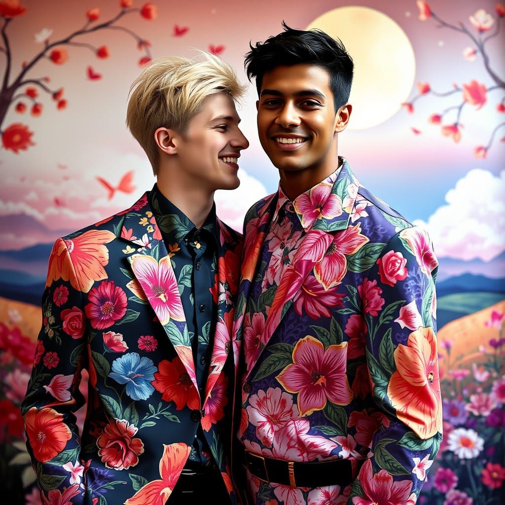 Two Dashing Lovers in Whimsical Floral Attire