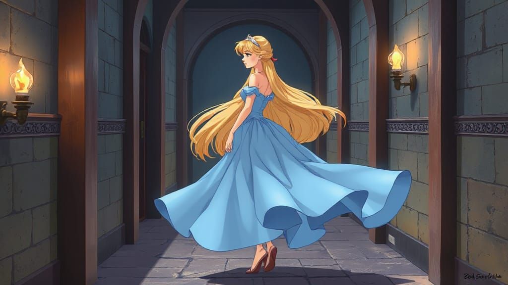 Anime Princess in Castle Corridor, 2D Cartoon Style