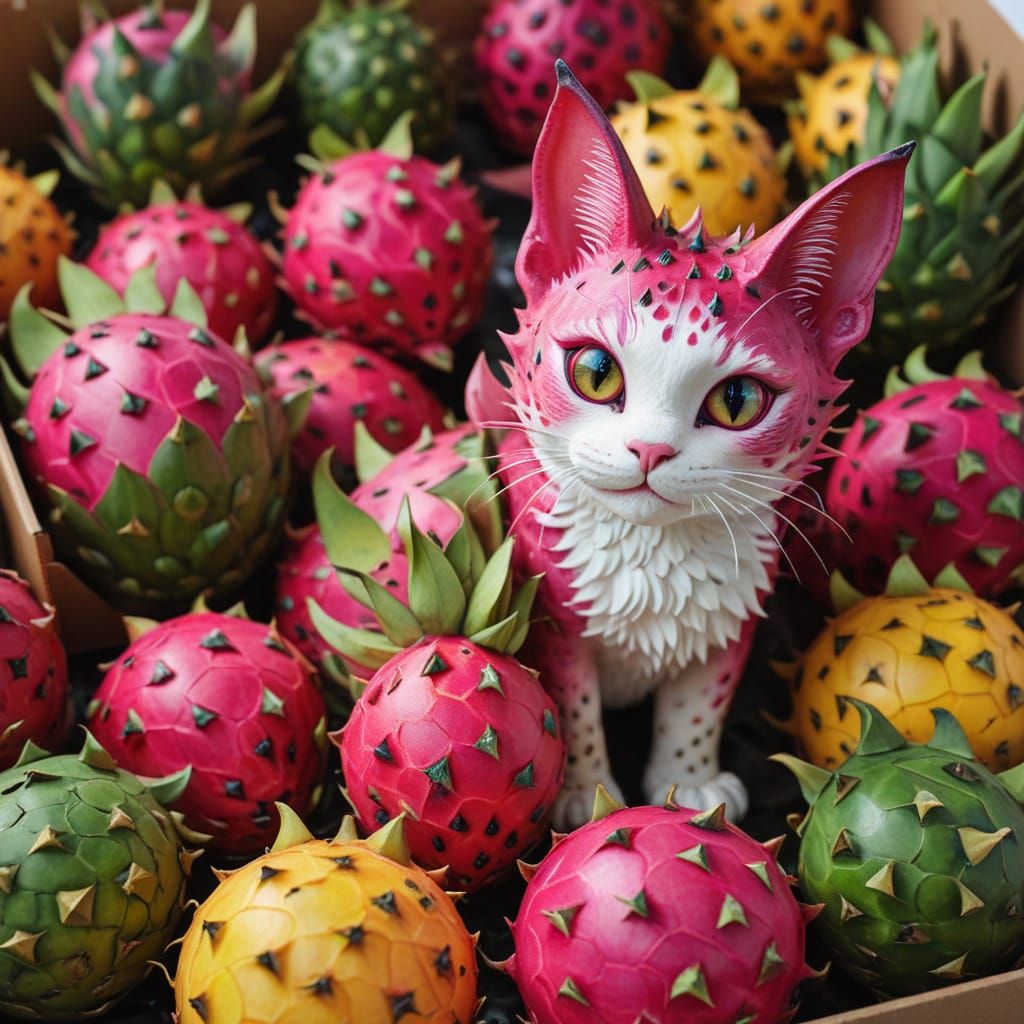 Dragon Cats Play in a Vibrant Grocery Store Display