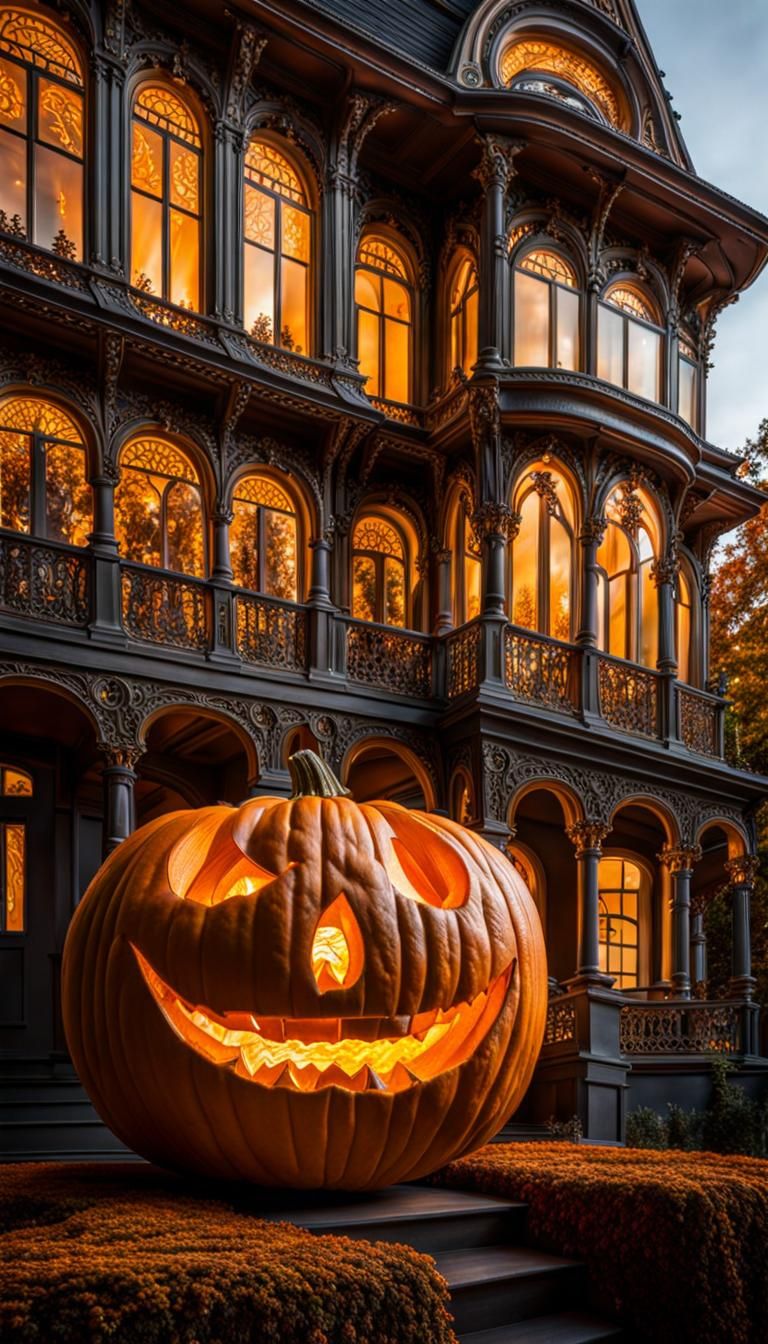 Golden Pumpkin on Gothic Mansion Porch in Art Nouveau Style