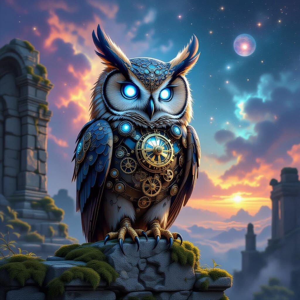 Mechanical Owl on Ruin in Nebula Light