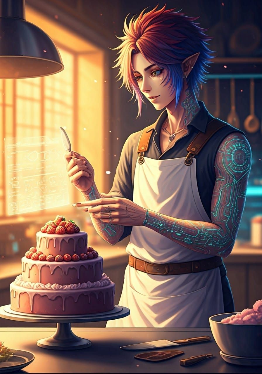 Cyberpunk Chef Decorating Cake in Anime Style