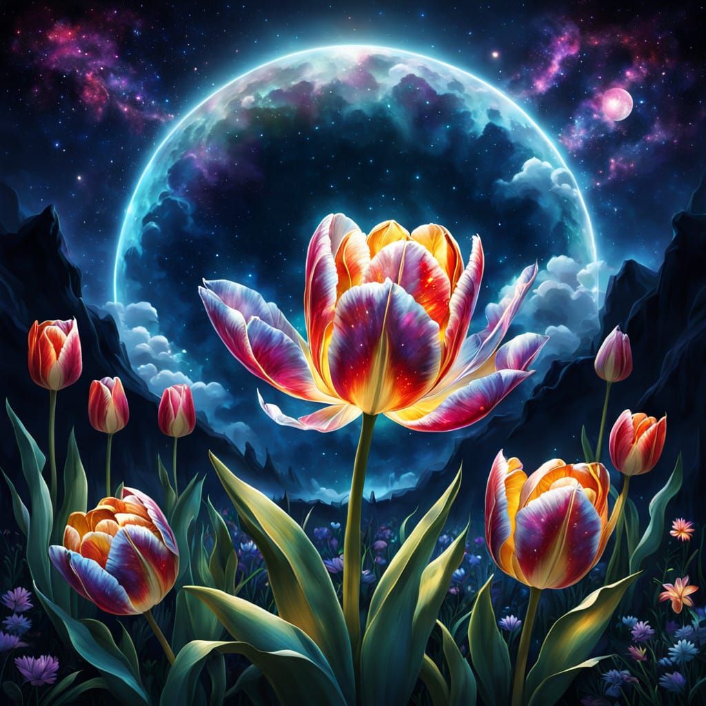 Enchanted Cosmic Tulip Garden in Dreamlike Aesthetic