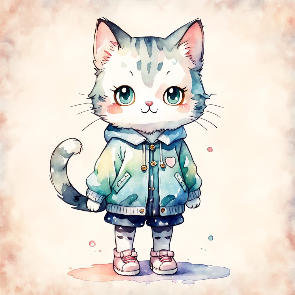 Chibi Watercolor Cat in Whimsical Attire