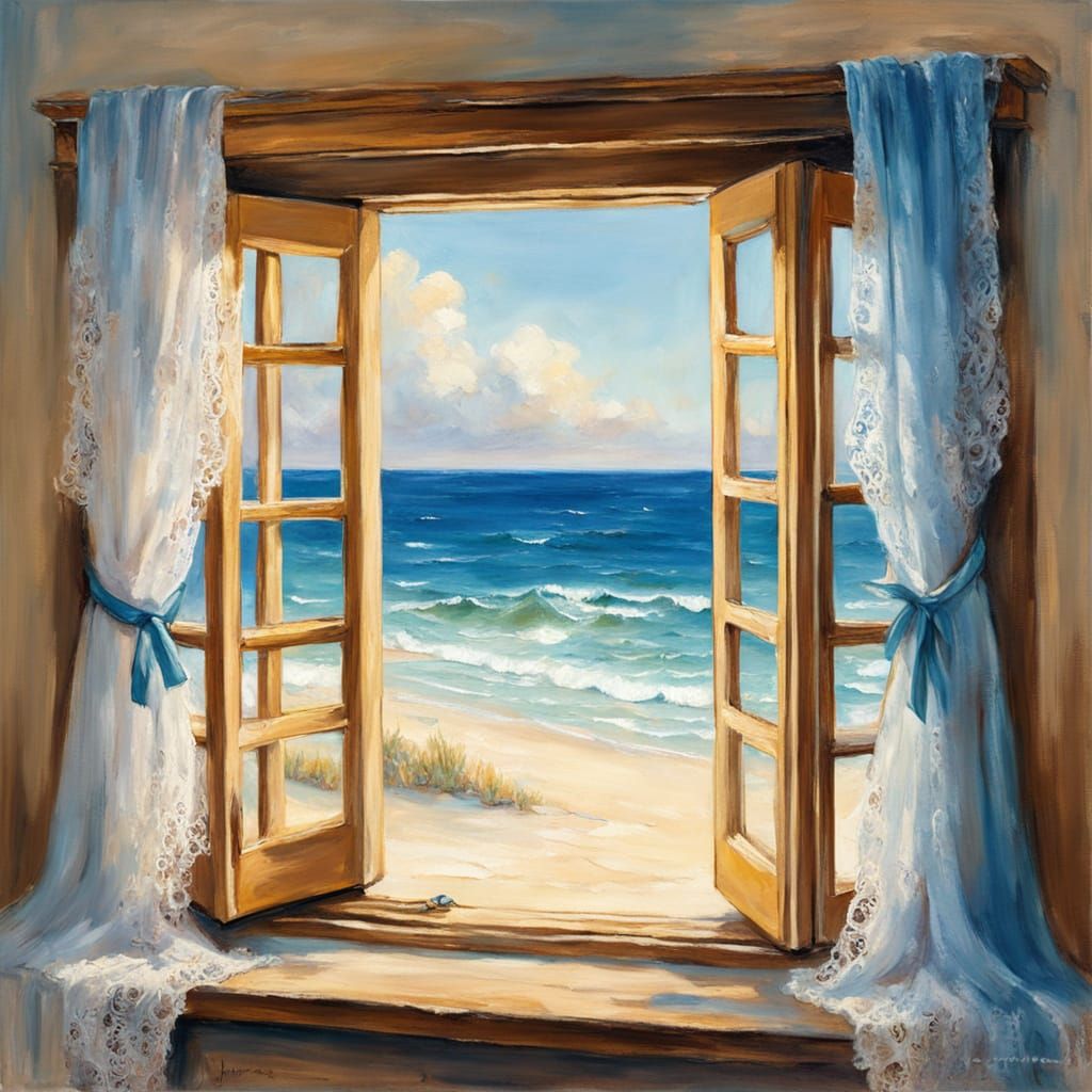 Seascape Painting with Lace Curtains in Shabby Chic Style