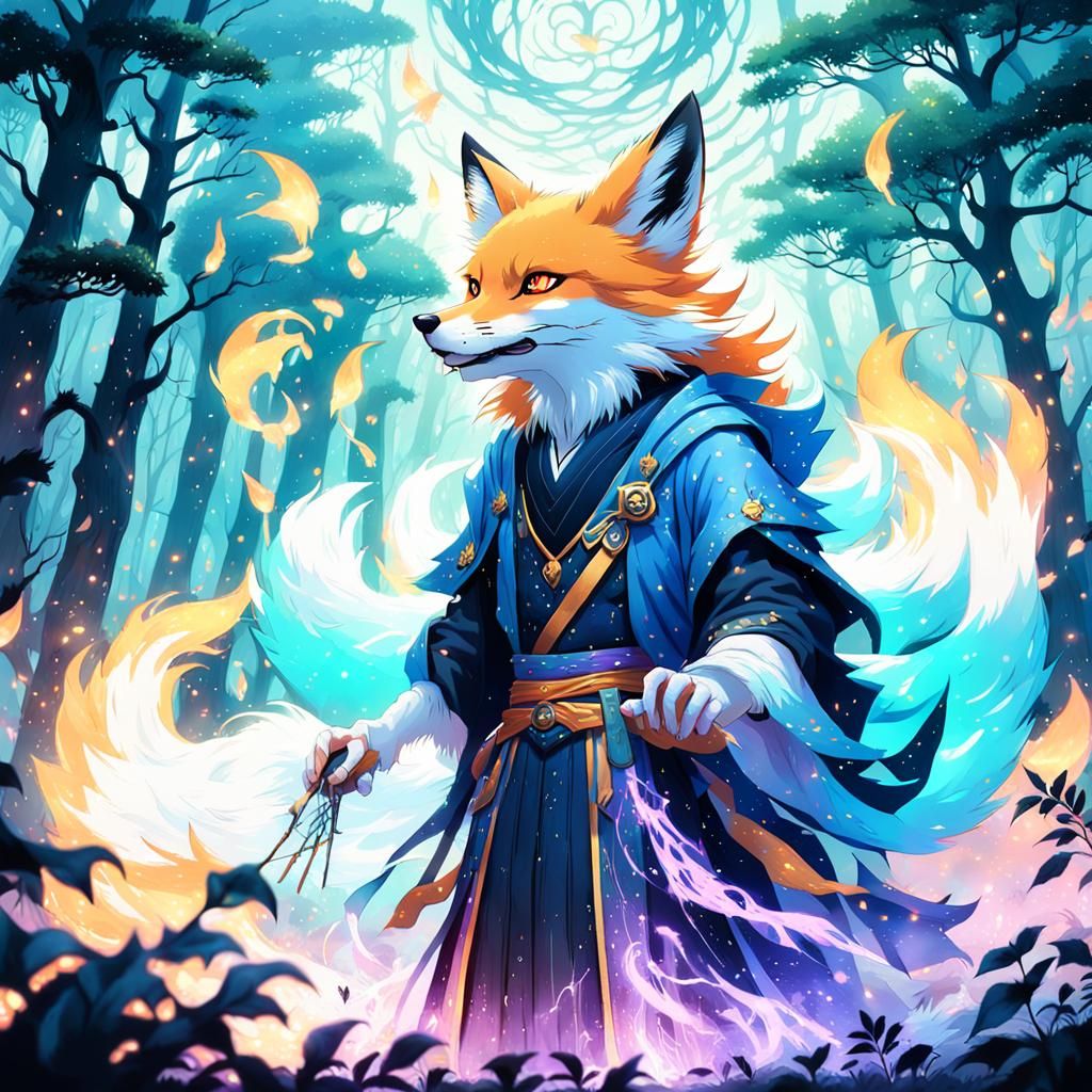 Surreal Fantasy Kitsune Warlock in Whimsical Digital Paintin...