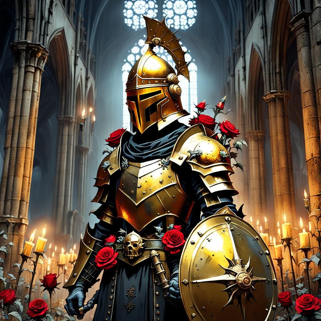 Gothic Dark Fantasy Paladin in Ruined Cathedral