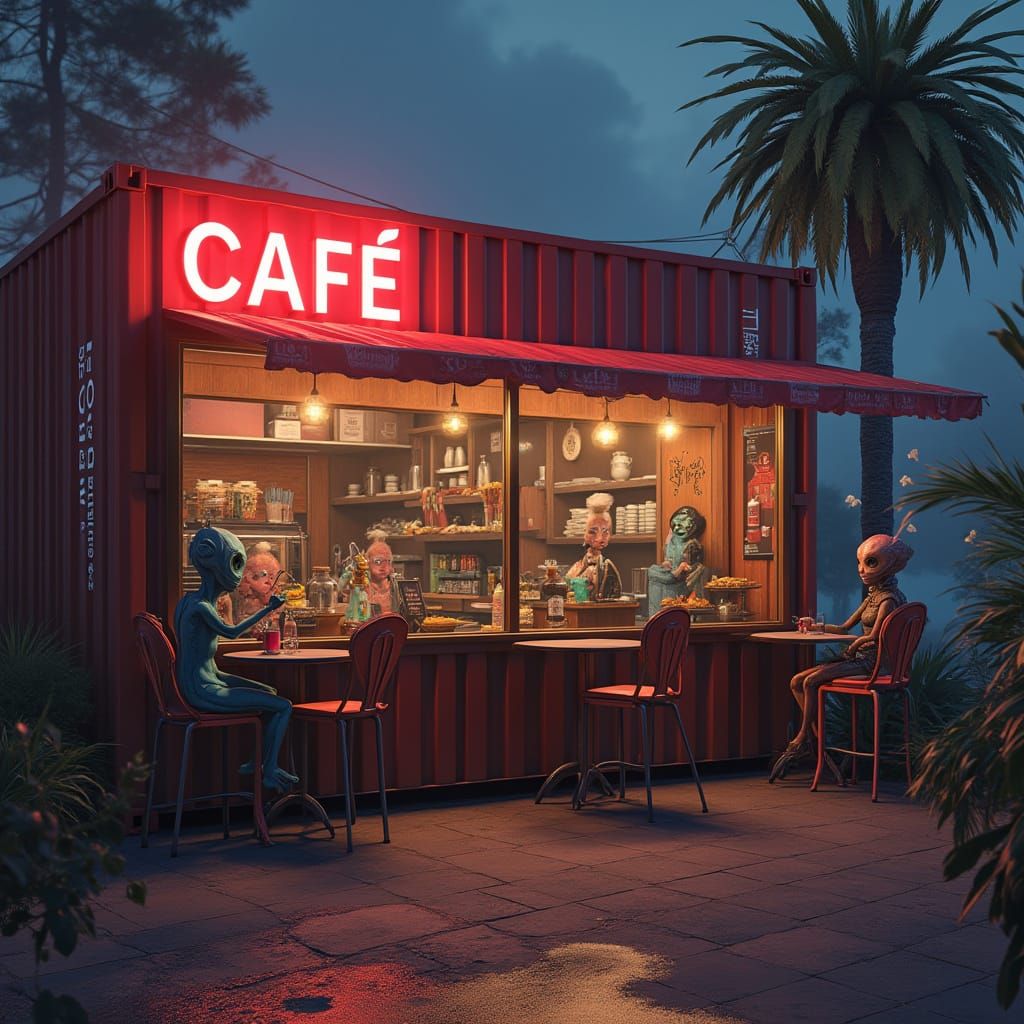 Surreal Alien Cafe in Shipping Container, Digital Art