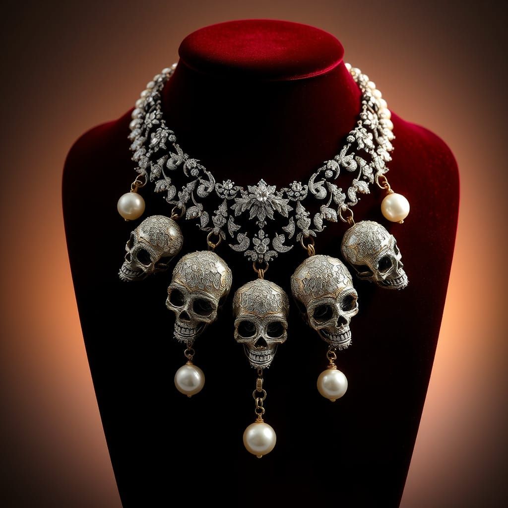 Ethereal Baroque Necklace with Diamond-Encrusted Skulls