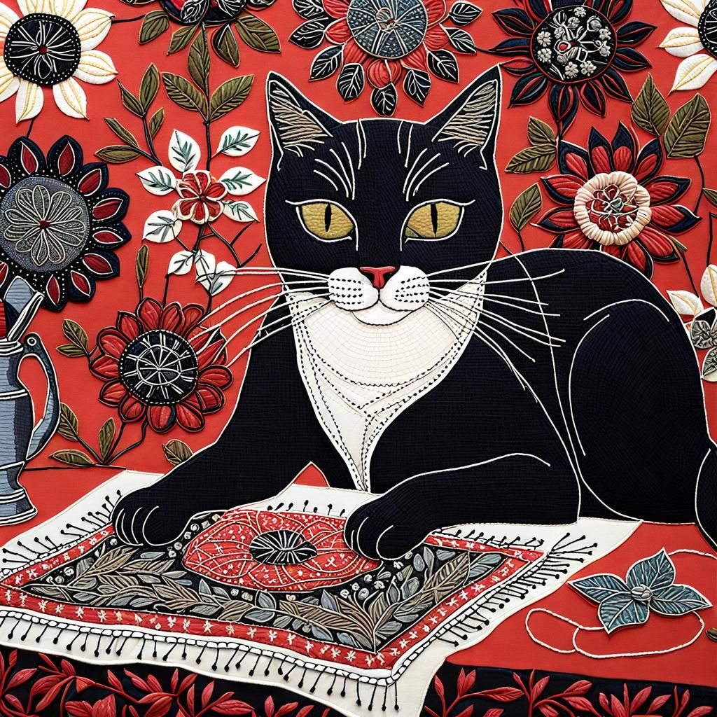Whimsical Feline Textile Artist at Work