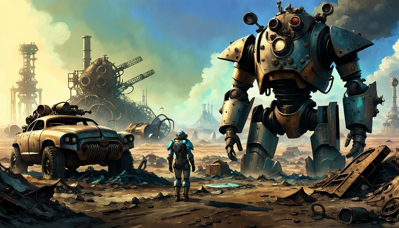 Cyberpunk Wasteland Survivor in Mechanical Armor, Amidst Aba...