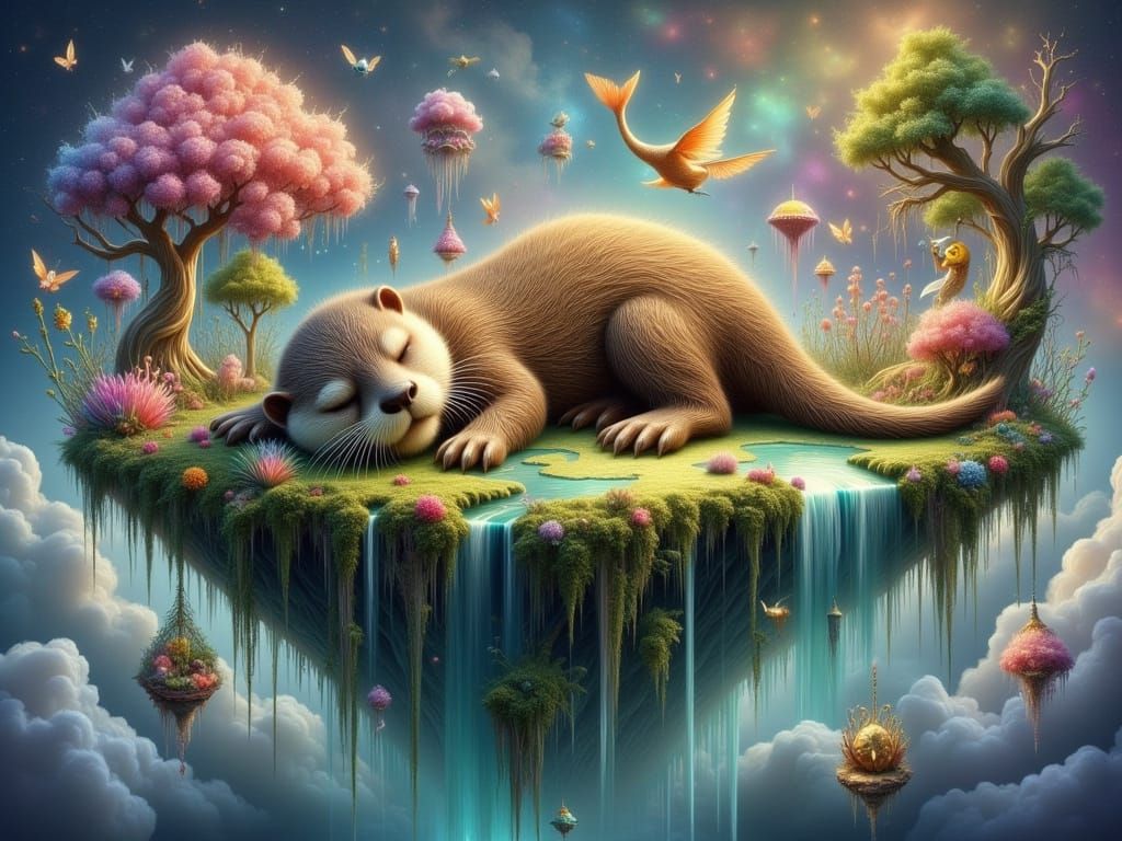 Surreal Floating Island of a Sleeping Otter in Whimsical Dre...
