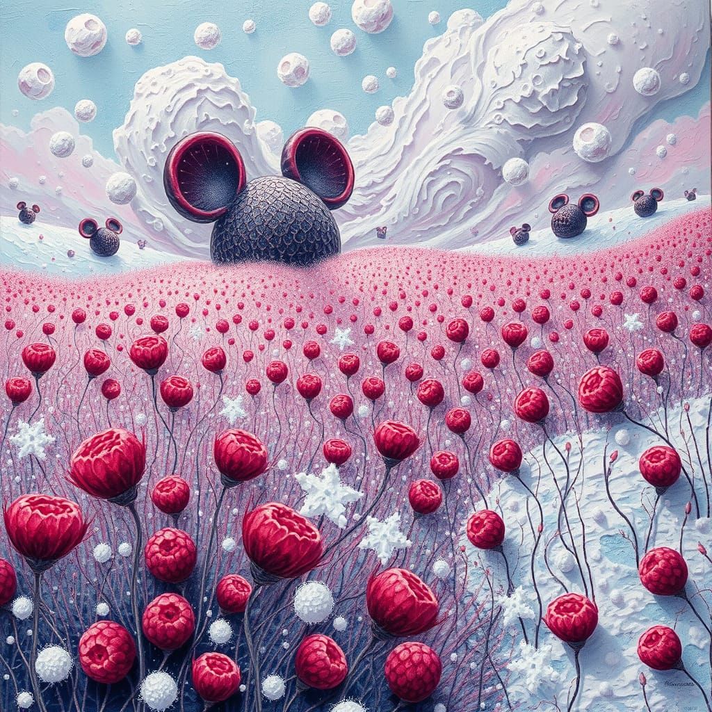 Surreal Raspberry Fields Engulfed in Knitted Avalanche
