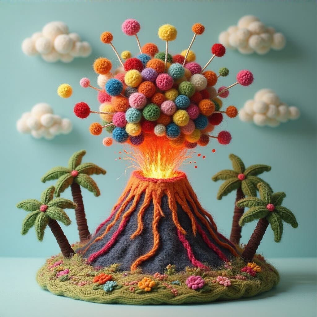 Wool Volcano Eruption in Whimsical Style