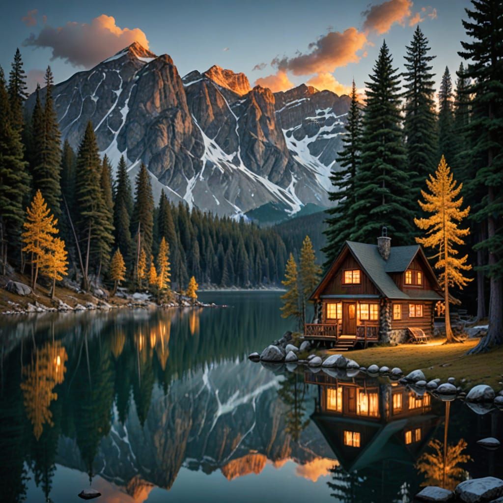 Cozy Cabins Glow Beside Alpine Lake Reflection