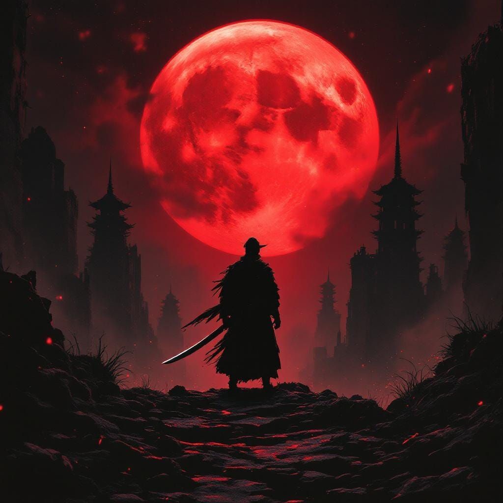 Samurai Silhouette Against Crimson Moon in Chiaroscuro Style