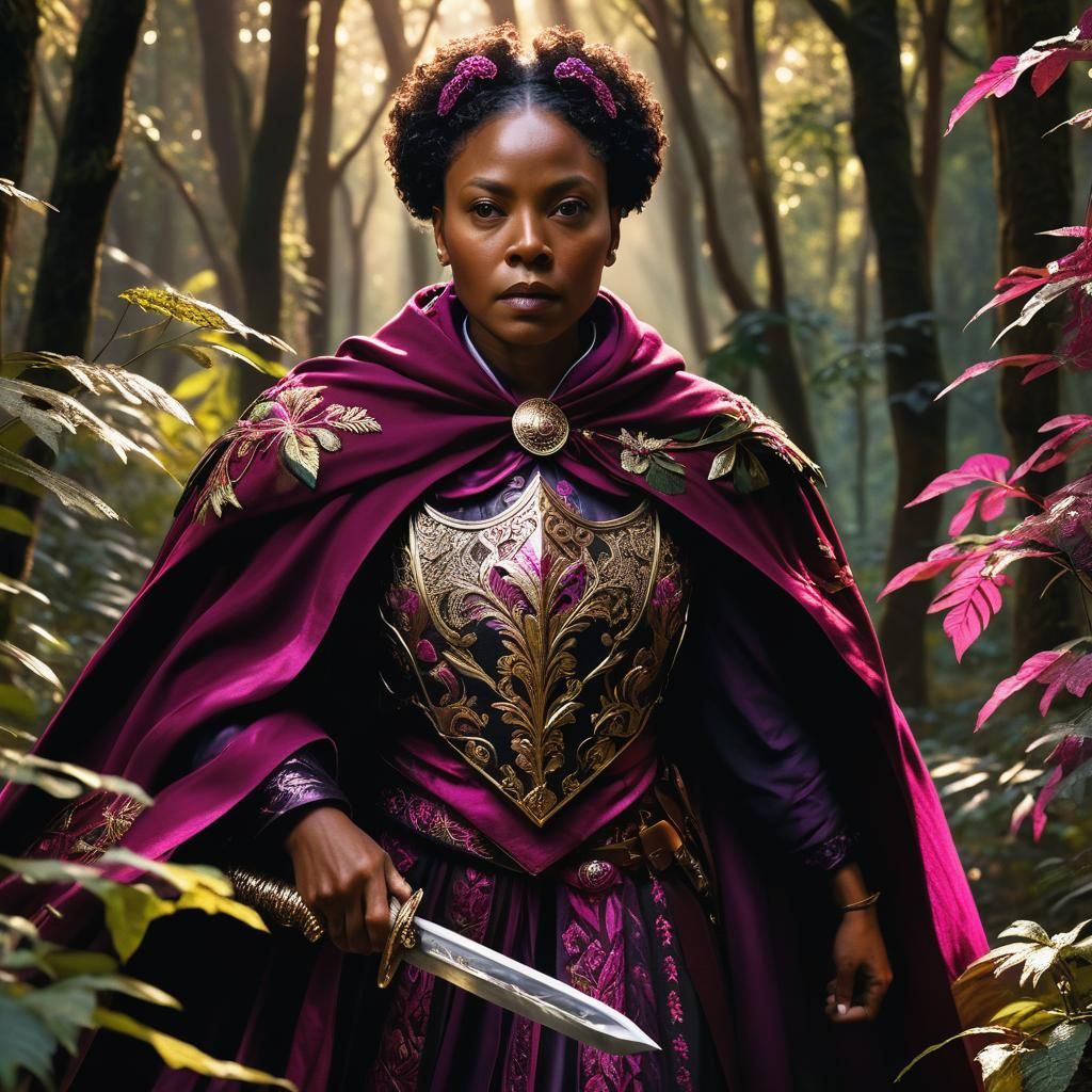 Black Woman Warrior Emerges from Forest in HDR Photography