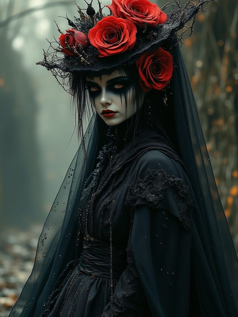 Gothic Ghostly Bride in Black Wedding Dress with Red Roses