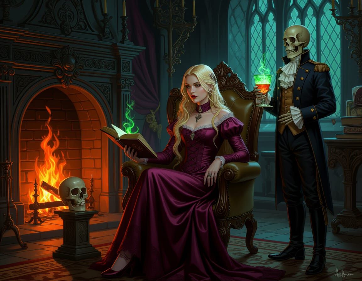 Young Necromancer in Gothic Chamber, Impressionist Oil Paint...