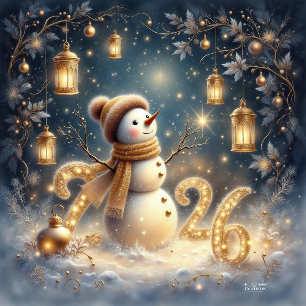 Snowman with Golden New Year 2026