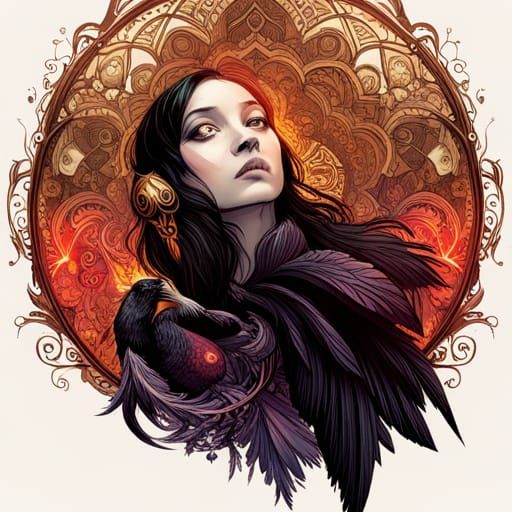 Surreal Digital Painting of Raven with Intricate Motifs