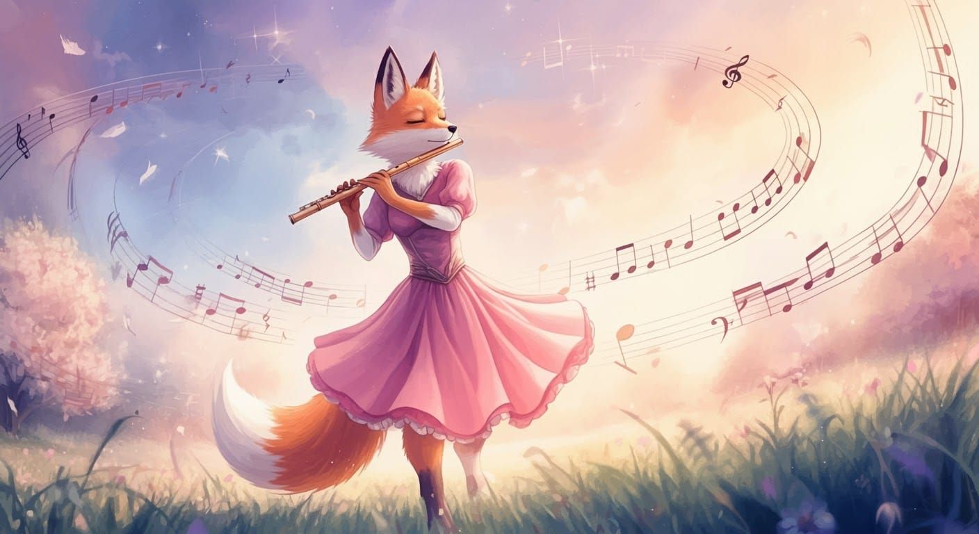 Whimsical Fox Plays Flute in Vibrant Pastel Meadow