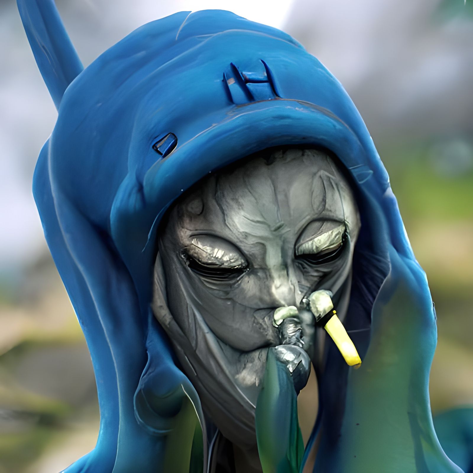 Surreal Blue Alien Smokes Weed in Close-Up