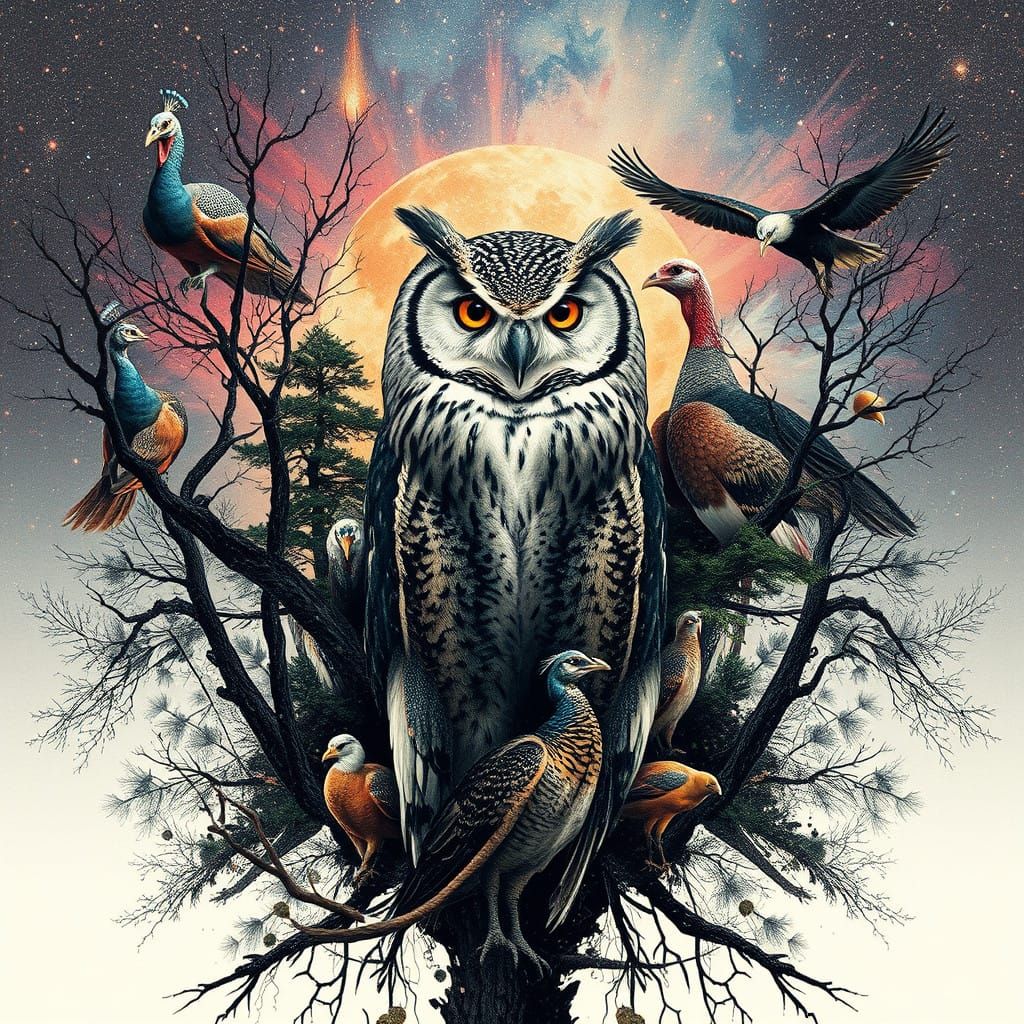 Surreal Galactic Landscape with Majestic Birds and Intricate...