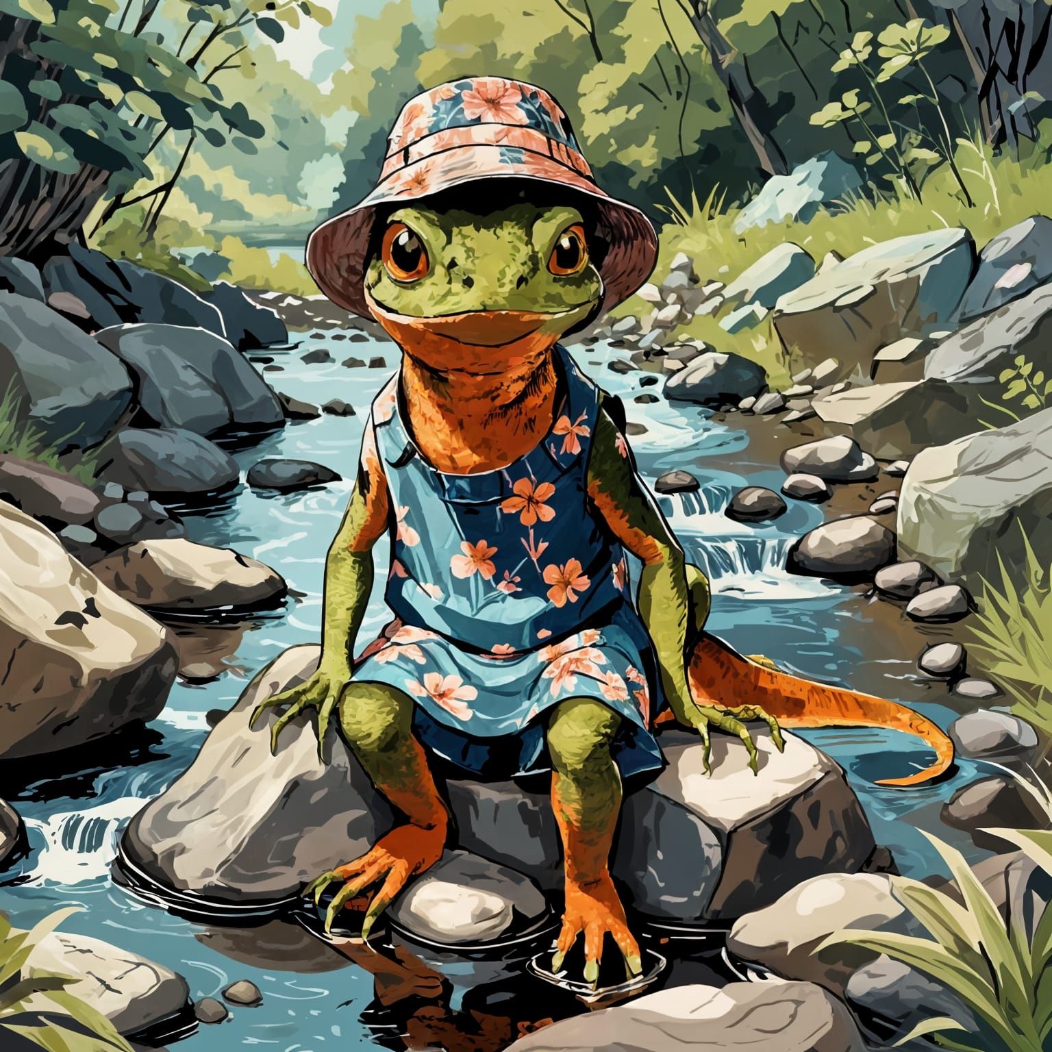 Anthropomorphic Newt in Idyllic Summer Scene