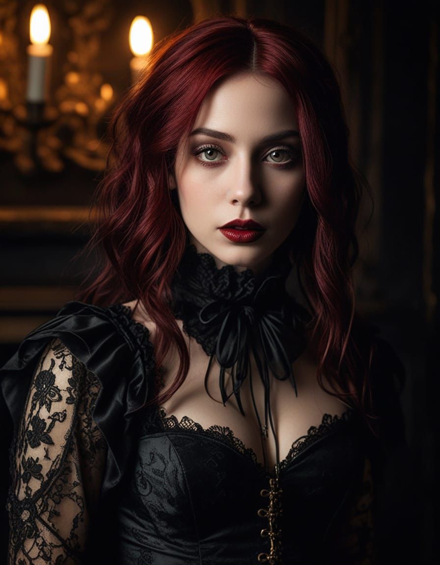 Gothic Woman with Crimson Hair in Dark Romanticism Style