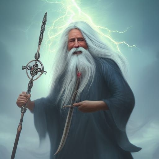 Mystical Wizard Reaches for the Stormy Sky in Fantastical Fa...
