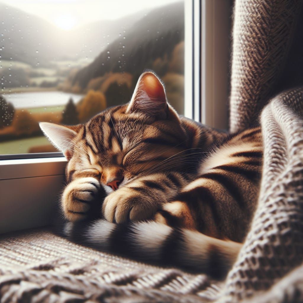 Tabby Cat Sleeps Comfortably on Windowsill