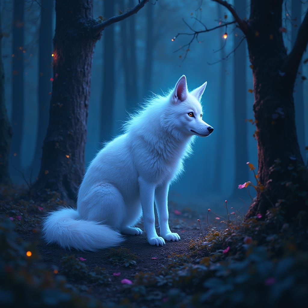 Mystical Lunar Wolf in Dreamlike Forest