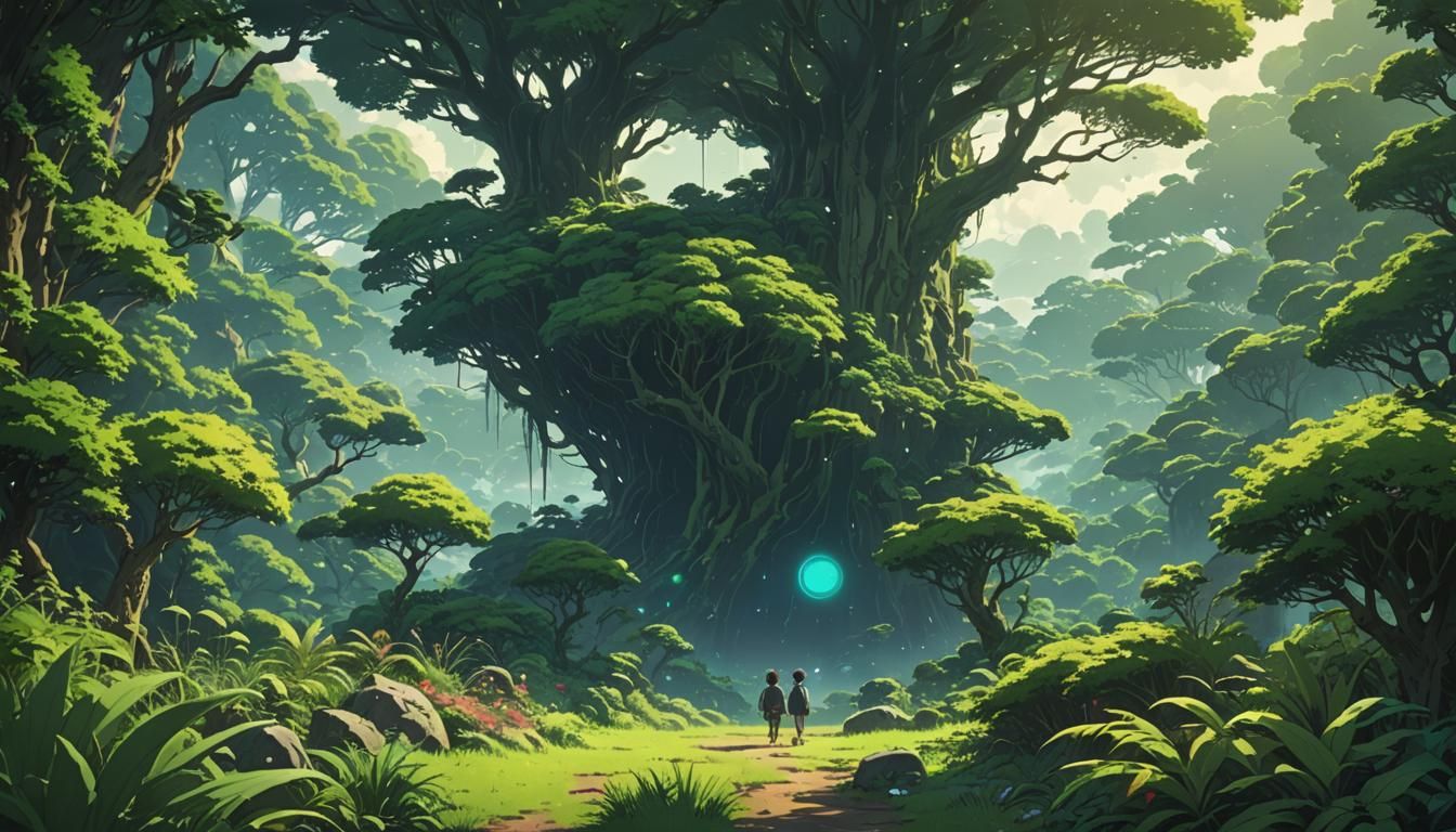 Exoplanet Landscape with Green Sun in Anime Style