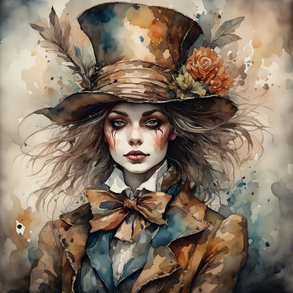 Lady Hatter in Antique Watercolor Style