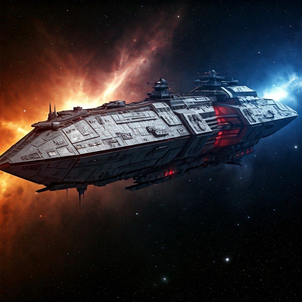Gritty Sci-Fi Space Warship Radiates Ominous Presence Amidst...