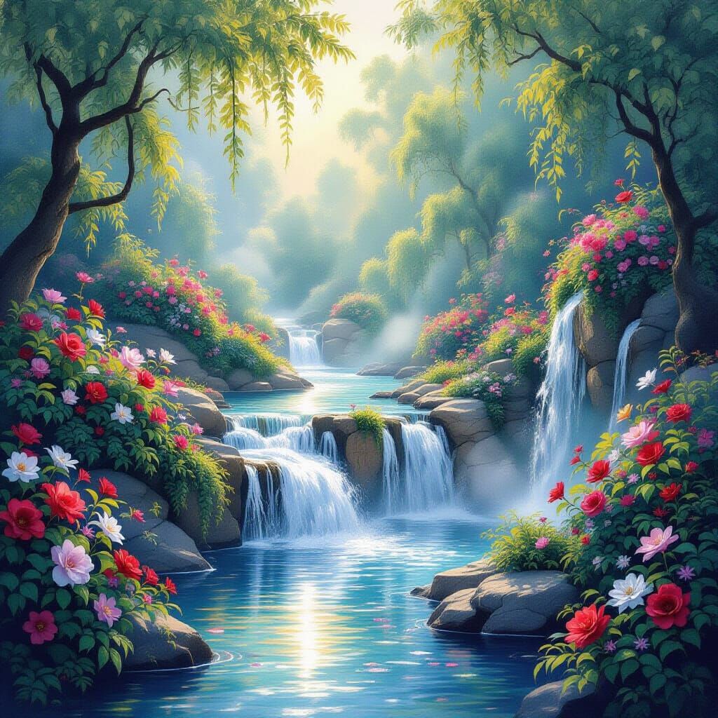 Ethereal Waterfall in Lush Fantasy Garden Watercolor