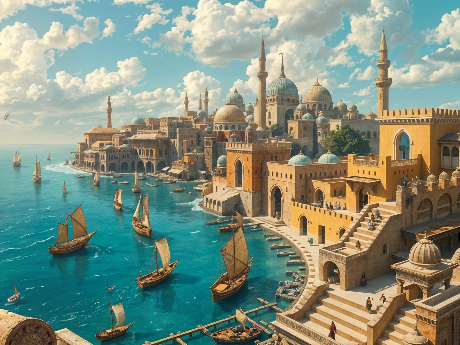 Bustling Ancient City Harbor with Turkish Architecture