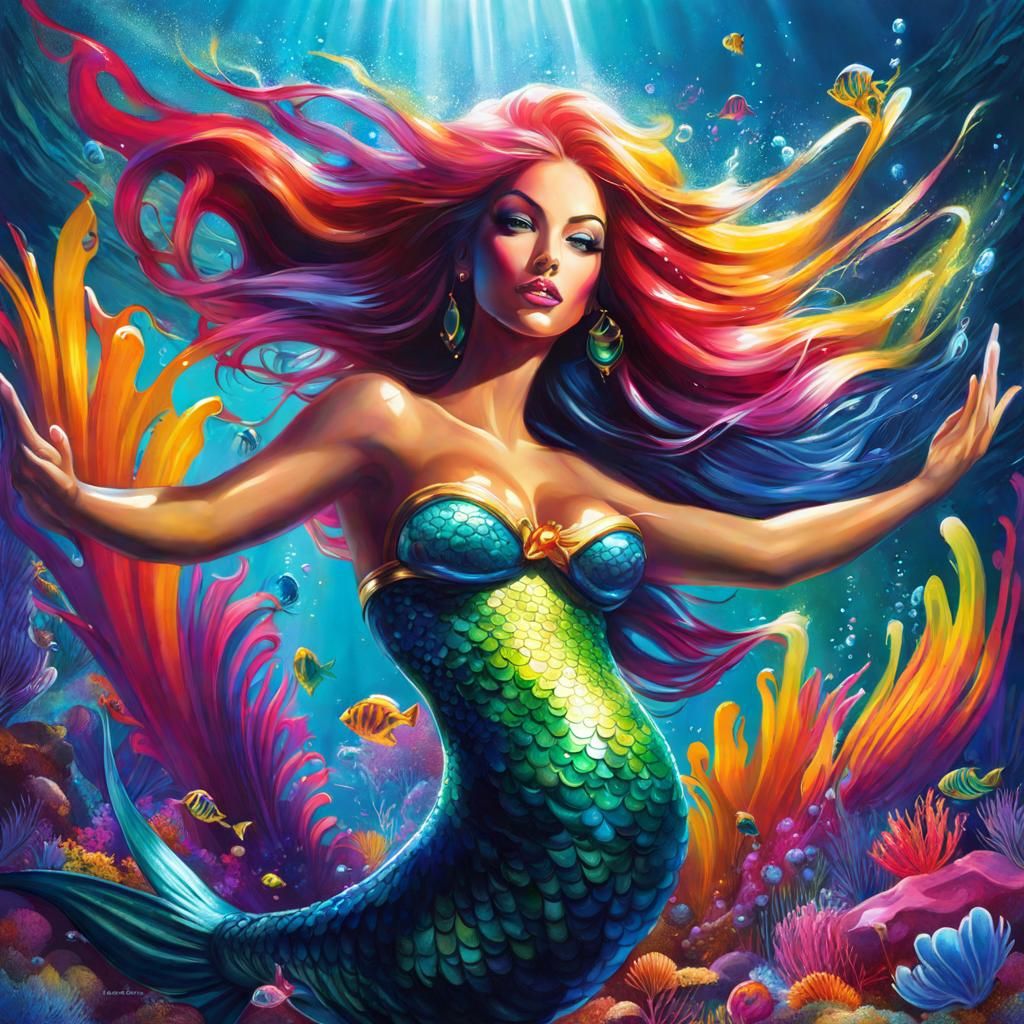 Vibrant Underwater Mermaid in Graffiti Art Style