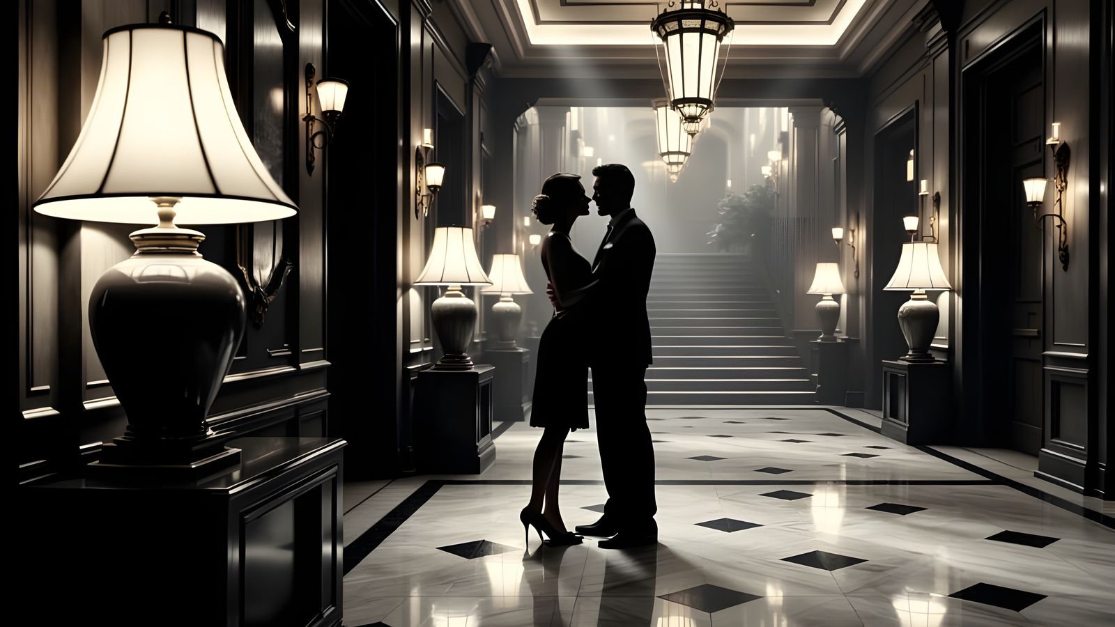 Elegant Couple Dancing in 1930s Art-Deco Hotel Lobby