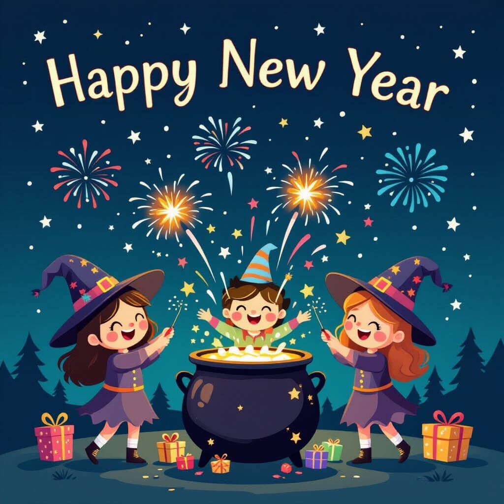 Cute Witches Launching New Year Fireworks From Cauldron