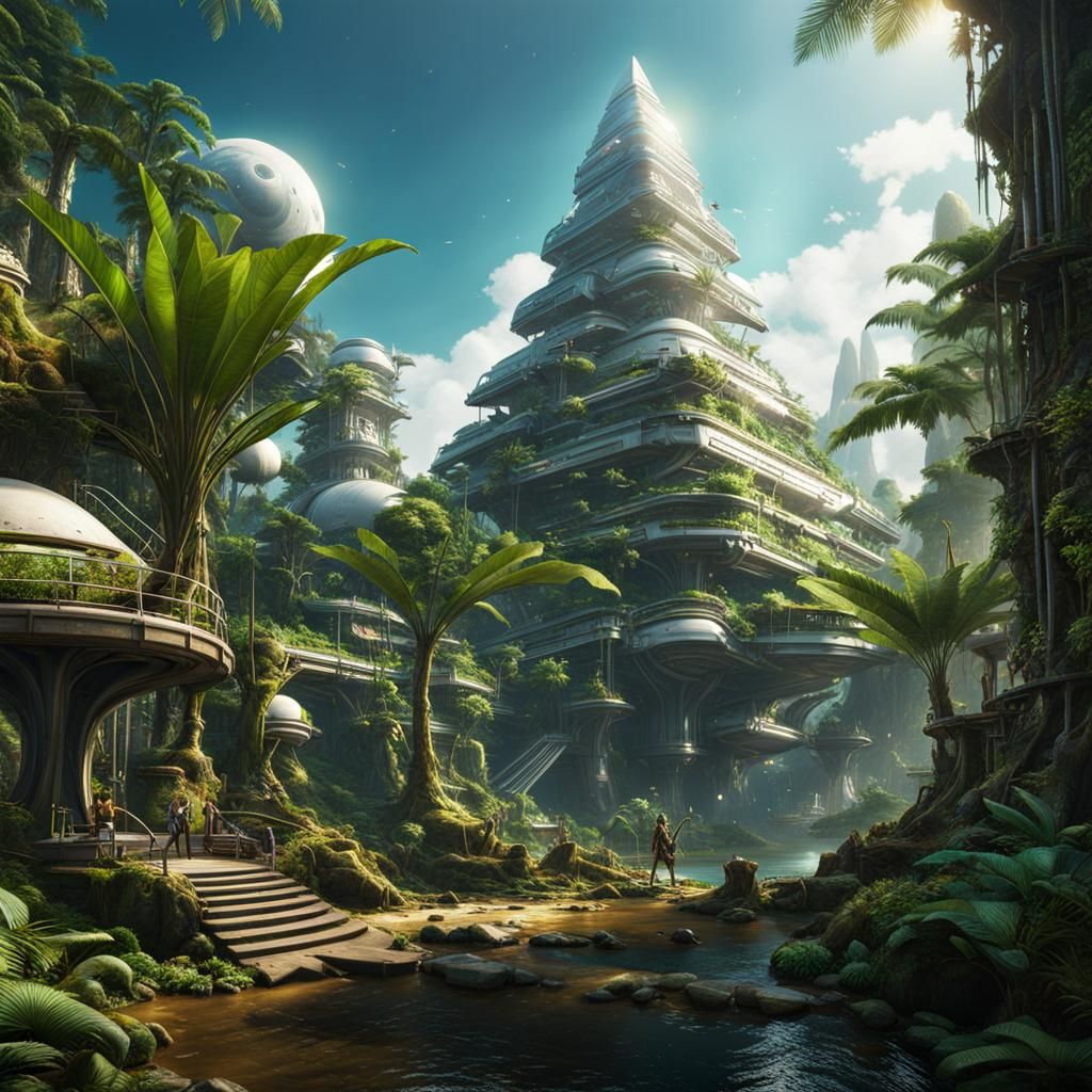 Epic Sci-Fi Cityscape with Towering White Pyramid and Vibran...