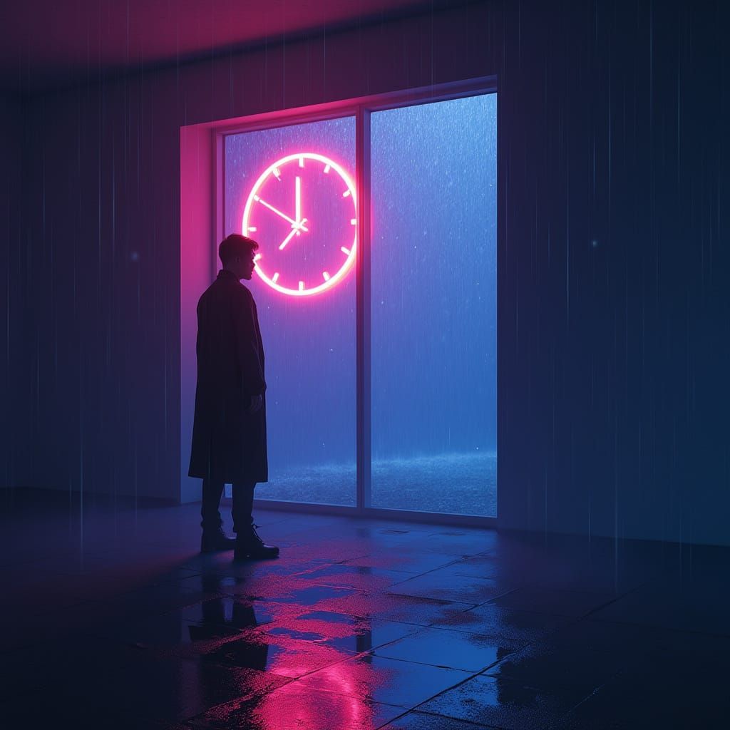 Lone Figure in Dim Room with Glowing Clock & Neon Rain