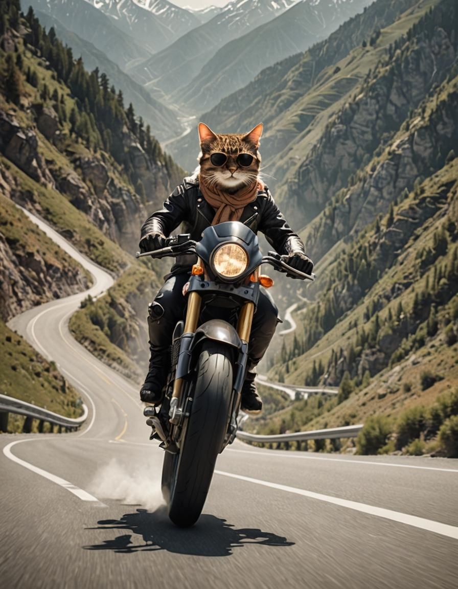 Cat Cruises Down Mountain Road on Ducati
