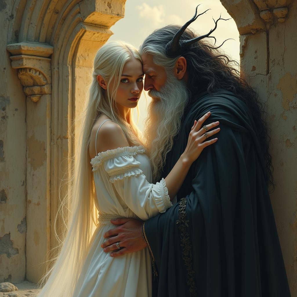 Angel and Goddess Embrace in Ancient Ruins