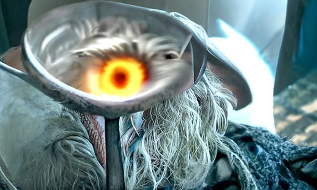 Gandalf and Sauron Confrontation amidst Volcanic Eruption